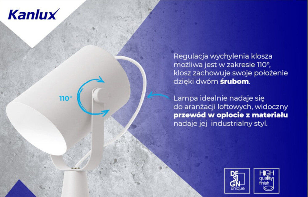 Lampa stołowa KANLUX 36260 swobodna regulacja kierunku strumienia swiatla wychylenie klosza w zakresie 110 stopni stabilna konstrukcja dwie sruby