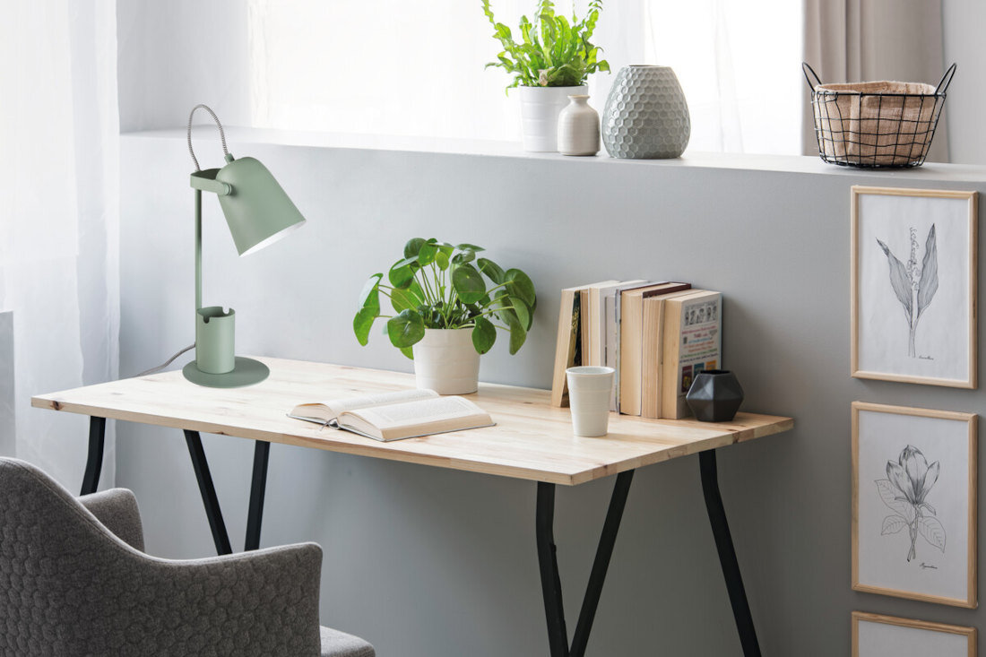 Lampka biurkowa KANLUX Raibo E27 GN organizer uchwyt podstawa wygoda komfort przechowywanie duży klosz trzonki E27 moc 5 W napięcie zakres 220-240 V