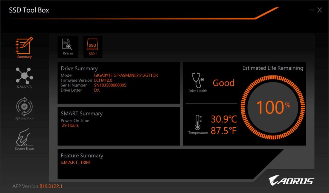 Dysk GIGABYTE Aorus Gen4 5000E - SSD Tool Box