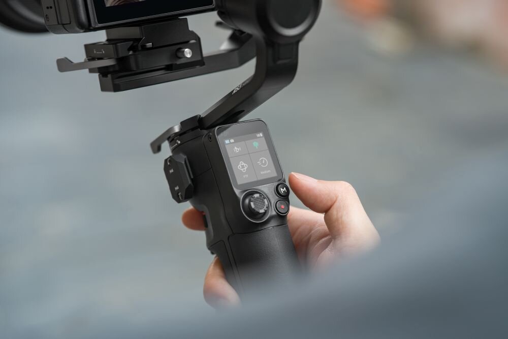 Gimbal DJI RS 3 Mini fotografia stabilizacja nagrywanie żyroskop uchwyt zasilanie ładowanie bateria tryby przyciski złącza porty kompatybilność udźwig wykonanie pojemność