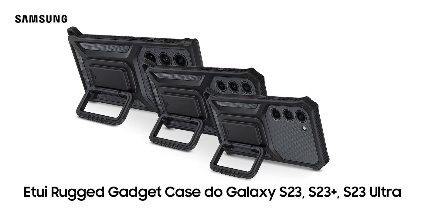 Etui rugged gadget case założone na smartfony Galaxy S23 Ultra, Galaxy S23+ oraz Galaxy S23 Etui rugged gadget case założone na smartfony Galaxy S23 Ultra, Galaxy S23+ oraz Galaxy S23