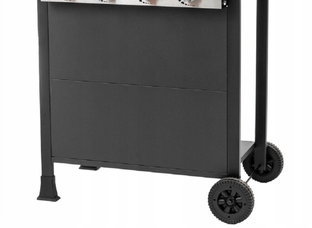 Grill gazowy MIRPOL Brenner G4 zamykana szafka na dole konstrukcji miejsce na butlę gazową w pełni komfortowe i praktyczne urządzenie dwa wytrzymałe koła ułatwiają przemieszczanie grilla po ogrodzie