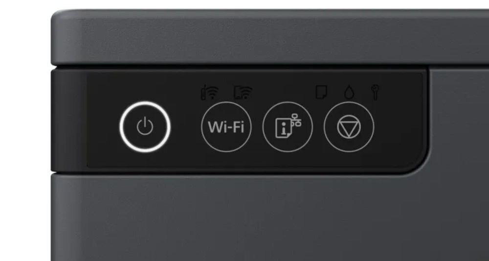Drukarka EPSON EcoTank L8050 Druk w kolorze, Wi-Fi zbliżenie na panel sterowania na drukarce jasne tło przejrzysty interfejs użytkownika