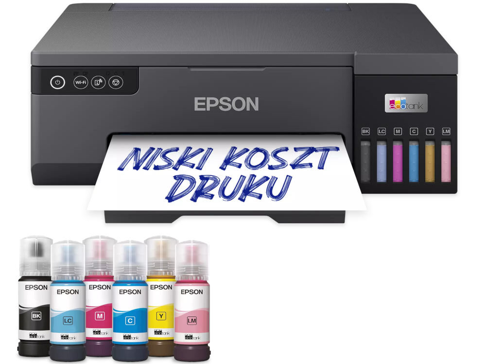 Drukarka EPSON EcoTank L8050 Druk w kolorze, Wi-Fi prezentacja drukarki na białym tle od przodu z wychodzącą kartką z napisem niski koszt druku przed butelki z atramentem niski koszt druku zdjęć 10 x 15 cm