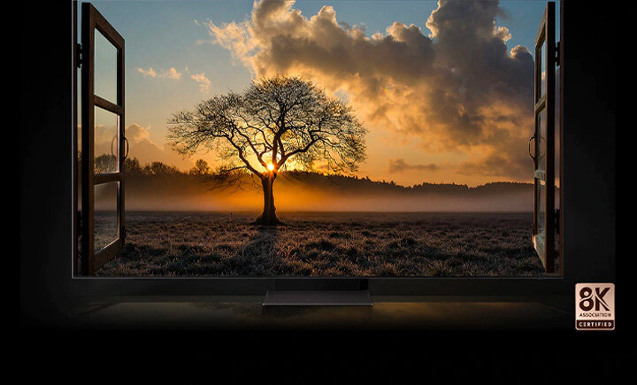 Zdjęcie z certyfikatem 8K Association przedstawiające drzewo o zachodzie słońca w rozdzielczości odpowiadającej jakości telewizorów Samsung Excellence Line. QN700BTXXH