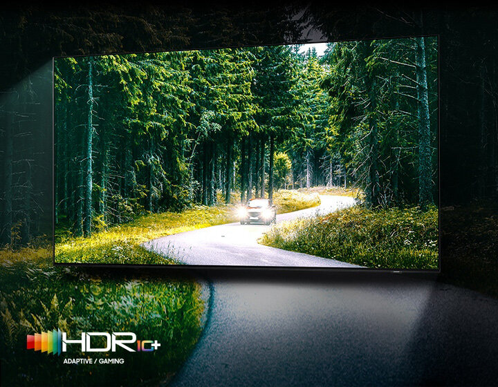 Logo funkcji HDR 10+ ADAPTIVE GAMING na tle telewizora Samsung Excellence Line Neo Qled. QN700BTXXH