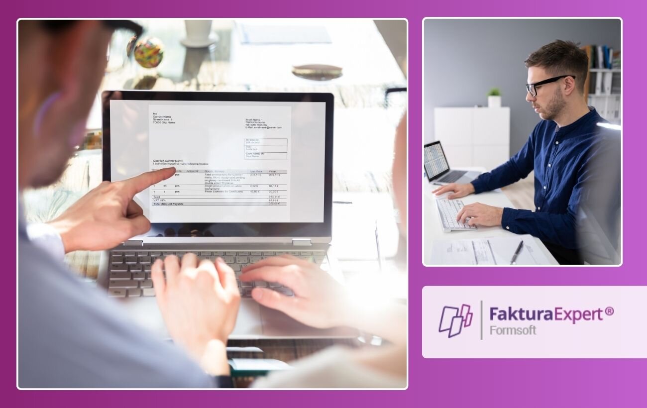kolaż dwóch grafik; na pierwszej mężczyzna wskazuje palcem na ekran laptopa, na którym wyświetlona jest faktura; na drugiej grafice skupiony mężczyzna pisze na klawiaturze komputera; w&nbsp;prawym dolnym rogu logo Faktura Expert.