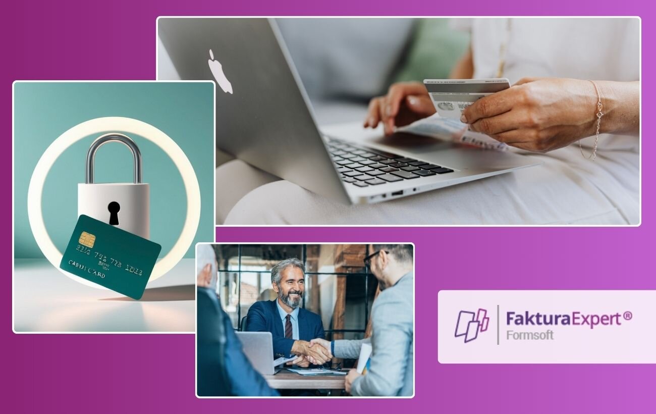 kolaż trzech grafik; na pierwszej kłódka i&nbsp;karta kredytowa; na drugiej kobieta wpisuje dane z&nbsp;karty do komputera; na trzeciej dwaj mężczyźni ściskają sobie dłonie; w&nbsp;prawym dolnym rogu logo Faktura Expert.