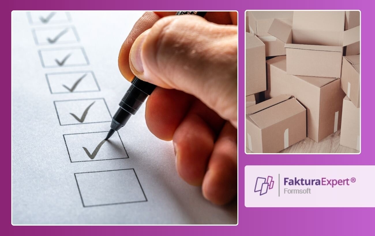 kolaż dwóch grafik; na jednej lista z&nbsp;odhaczeniami, na drugiej pudła w&nbsp;magazynie; w&nbsp;prawym dolnym rogu logo Faktura Expert.