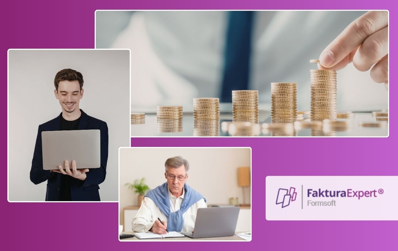 olaż trzech grafik; na pierwszej młody, uśmiechnięty mężczyzna pracuje przy komputerze; na drugiej mężczyzna w&nbsp;białej koszuli i&nbsp;krawacie pracuje w&nbsp;biurze przy komputerze i&nbsp;notuje w&nbsp;notatniku; na trzeciej monety ułożone w&nbsp;siedem, zwiększających się stosów; w&nbsp;prawym dolnym rogu logo Faktura Expert