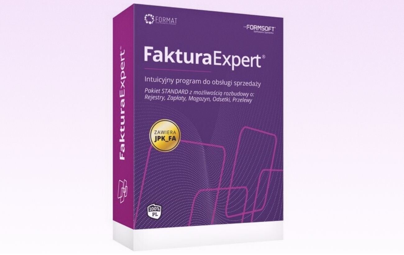 fioletowe pudełko z&nbsp;programem Faktura Expert