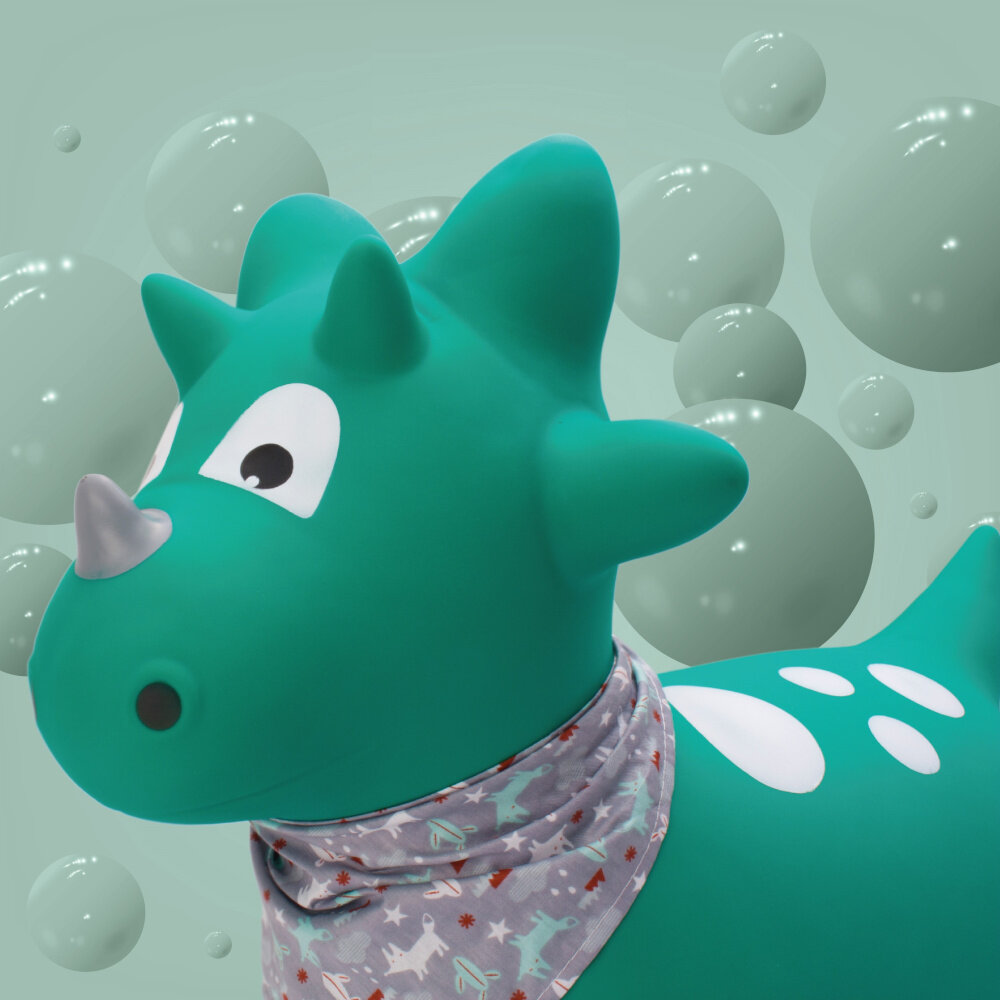 Skoczek SUN BABY Dino z bandaną J06.020.0.1 z przyjemnej w dotyku matowej gumy bezpieczenstwo latwe czyszczenie certyfikaty: EN71-1, EN71-2, EN71,3