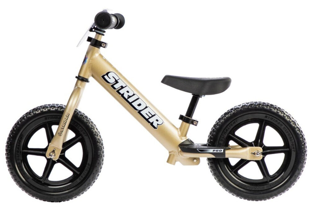 Rowerek biegowy STRIDER Pro 12 ST-P4GD Złoty konstrukcja ramy z wysokiej jakości aluminium lekki waga 2,5 kg wytrzymały wolność moc odpowiedzialność związana z jazdą