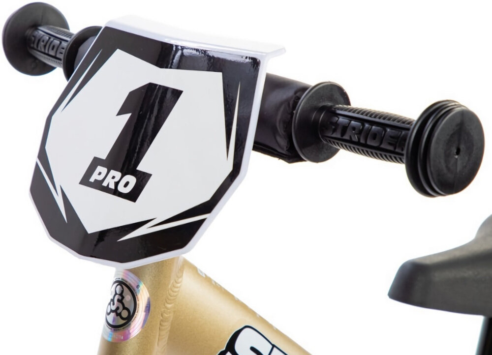 Rowerek biegowy STRIDER Pro 12 ST-P4GD Złoty regulowana kierownica w zakresie 46-56 cm kierownica mini-Grip niewielkie uchwyty z pianki uretanowej ochronne końcówkami zabezpieczają ręce przed ześlizgnięciem się na boki piankowa nakładka na kierownicę