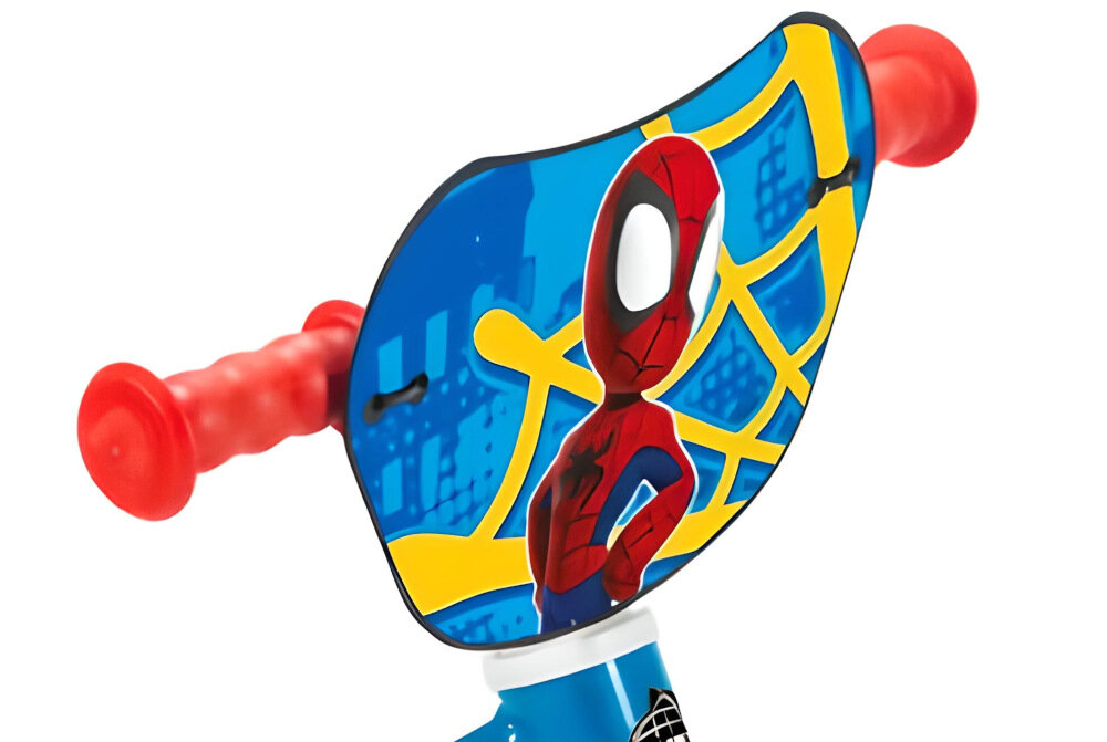 Rowerek biegowy HUFFY Disney Spider-man 27931W Niebiesko-czerwony kierownica regulowana standardowe uchwyty w czerwonym kolorze antypoślizgowy materiał zabezpiecza ręce przed ześlizgnięciem się na boki kolorowa plakietka przedstawia ZygZaka McQueena