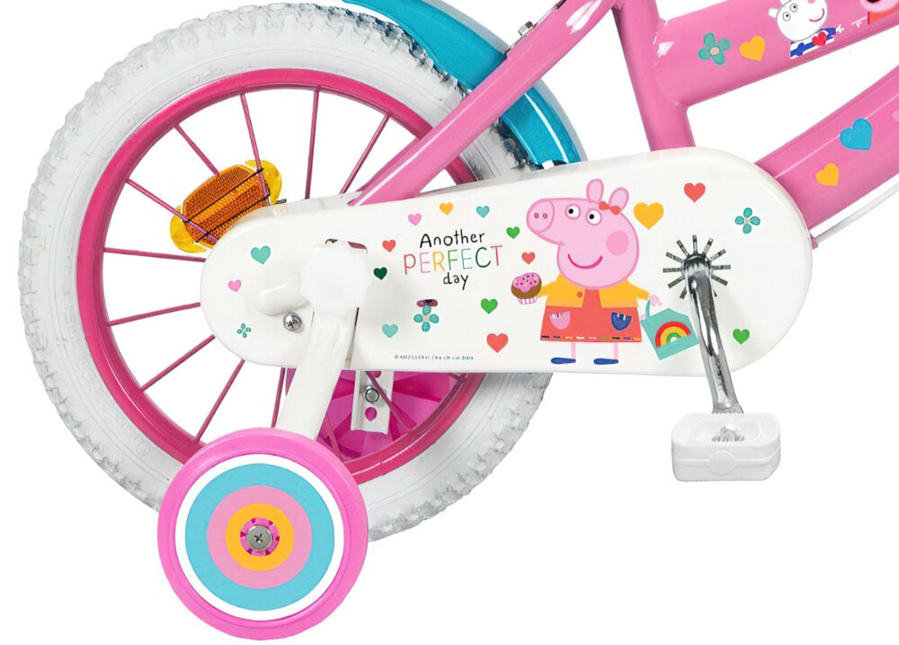 Rower dziecięcy TOIMSA Świnka Peppa 14 cali dla dziewczynki 14-calowe koła dla dzieci w wieku od 4 do 6 lat łańcuch stylowa osłona z wizerunkiem Świnki Peppy regularne sprawdzanie ciśnienia powietrza zalecana wartość na bocznej części opony