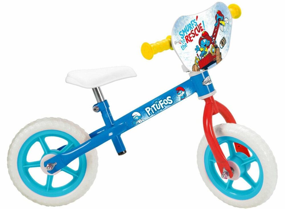 Rowerek biegowy TOIMSA Smerfy TOI195 Niebiesko-czerwony pomaga ćwiczyć motorykę siłę mięśnie nóg utrzymywanie równowagi koordynację wzrokowo-ruchową dla dzieci powyżej 2 roku życia