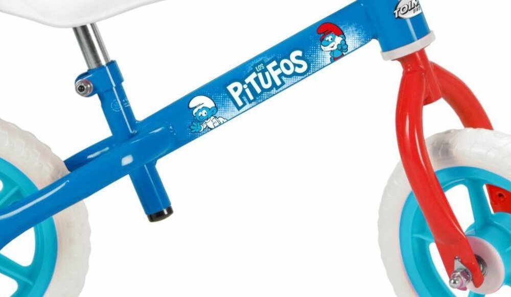 Rowerek biegowy TOIMSA Smerfy TOI195 Niebiesko-czerwony wytrzymała rama z wysokiej jakości stali pokryta błyszczącym lakierem lekki waga 3,5 kg w żywej niebiesko-czerwonej kolorystyce