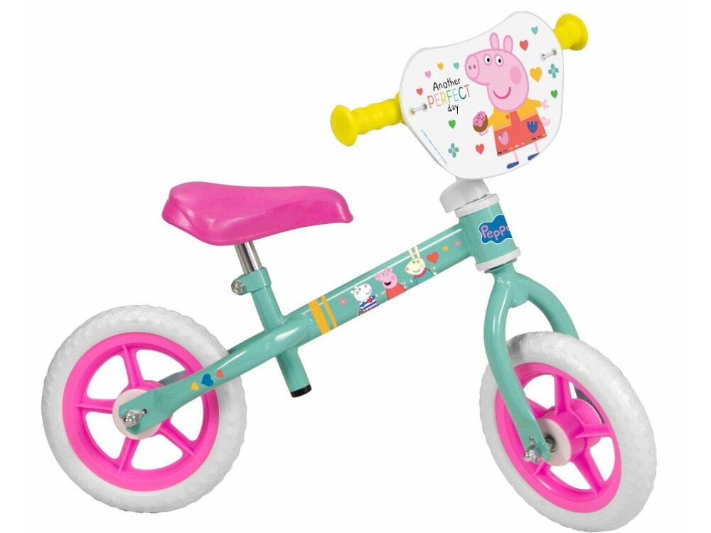 Rowerek biegowy TOIMSA Świnka Peppa TOI198 Zielono-różowy pomaga ćwiczyć motorykę siłę mięśnie nóg utrzymywanie równowagi koordynację wzrokowo-ruchową dla dzieci powyżej 2 roku życia