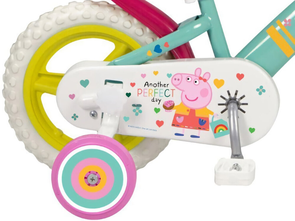 Rower dziecięcy TOIMSA Świnka Peppa 12 cali dla dziewczynki 12-calowe koła dla dzieci w wieku od 3 do 5 lat łańcuch stylowa osłona z wizerunkiem Świnki Peppy regularne sprawdzanie ciśnienia powietrza zalecana wartość na bocznej części opony