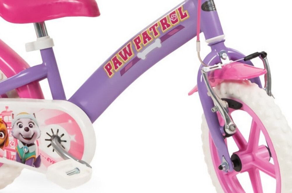 Rower dziecięcy NICKELODEON Psi Patrol 12 cali dla chłopca w fioletowej kolorystyce postacie z Psiego Patrolu rama stalowa 8-calowa odporność na uszkodzenia mechaniczne i działanie czynników zewnętrznych dostosowana do najmłodszych geometria roweru