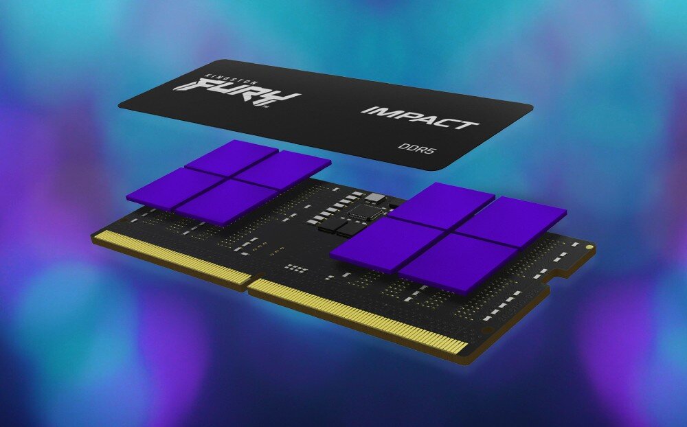 Pamięć RAM KINGSTON Fury Impact Grafika przedstawiająca rozłożony na warstwy moduł pamięci RAM ukazująca czarną płytkę drukowaną i fioletowe kości pamięci