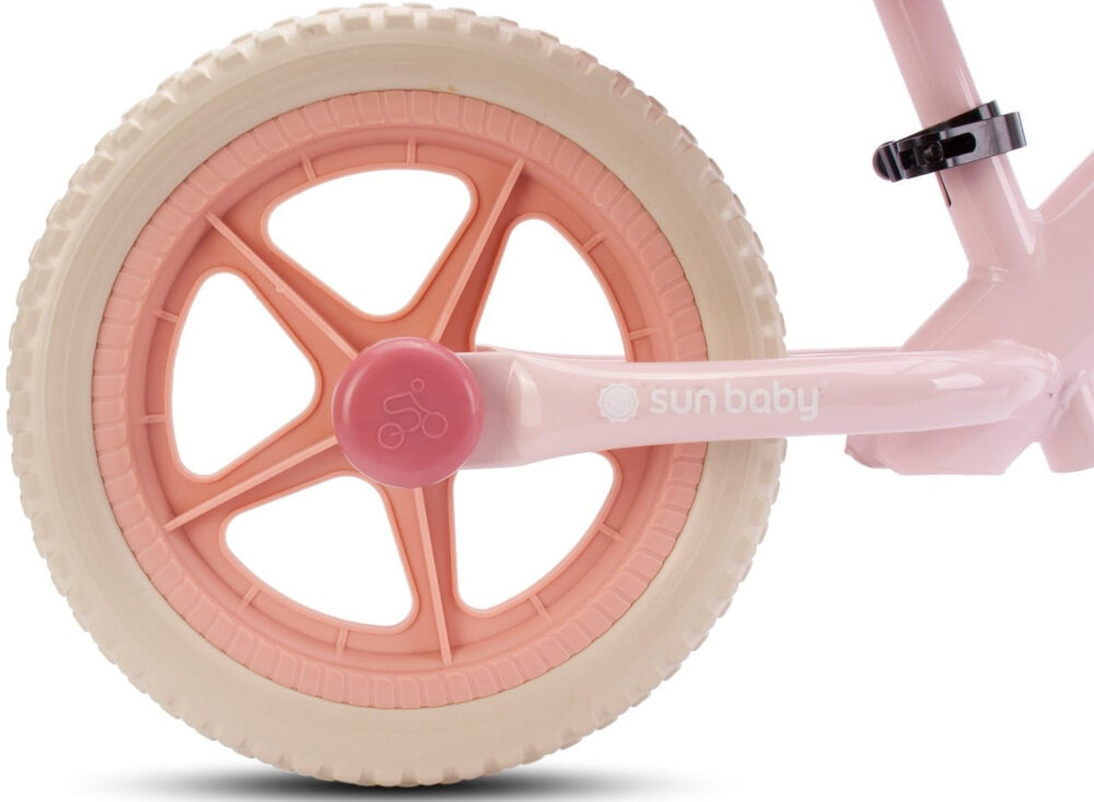 Rowerek biegowy SUN BABY Molto Giro Różowy szerokie rozstawienie kółek piankowe 12-calowe koła redukują drgania jazda komfortowa bezpieczna płynna cicha spełnia europejskie normy bezpieczeństwa