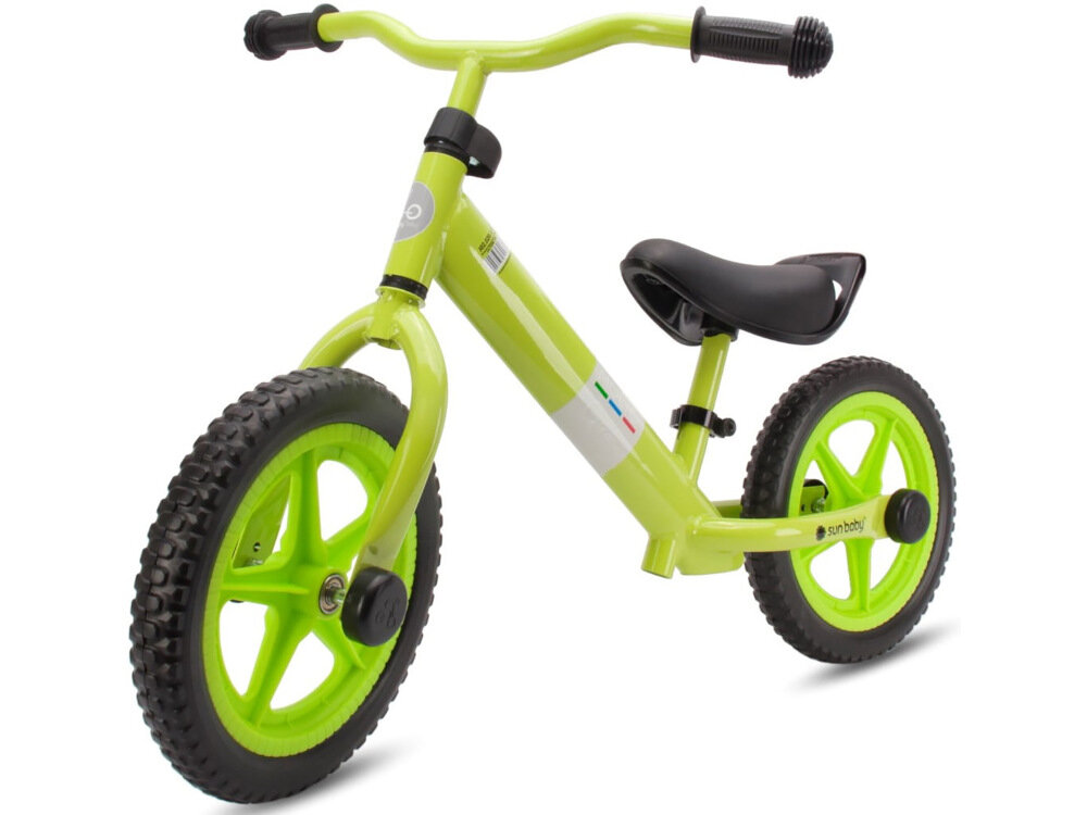Rowerek biegowy SUN BABY Molto Giro Limonkowy świetny na pierwszy pojazd dziecka ćwiczy motorykę siłę mięśnie nóg utrzymywanie równowagi koordynację ruchową dla dzieci powyżej 18 miesiąca życia