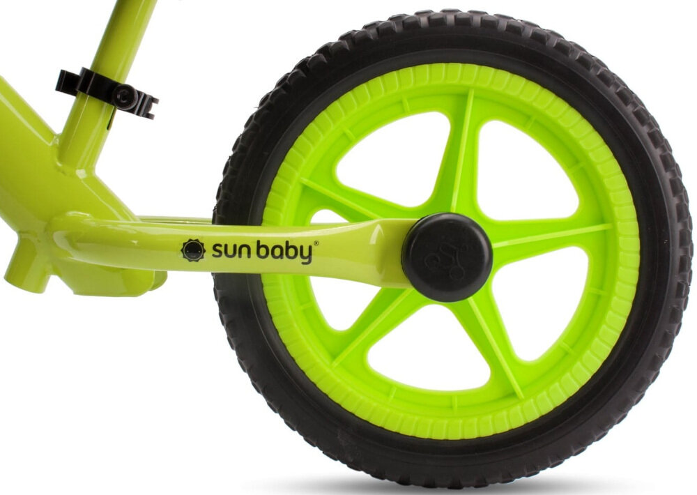Rowerek biegowy SUN BABY Molto Giro Limonkowy szerokie rozstawienie kółek piankowe 12-calowe koła redukują drgania jazda komfortowa bezpieczna płynna cicha spełnia europejskie normy bezpieczeństwa