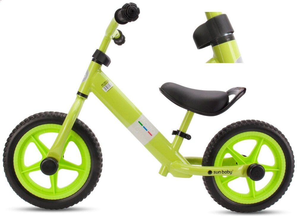Rowerek biegowy SUN BABY Molto Giro Limonkowy lekka konstrukcja łatwy transport uchwyt przy siodełku na śrubach regulujących wysokość kierownicy osłona rama 5,5-calowa z wysokiej jakości stali błyszczący lakier w kolorze limonkowym lekki waga 3 kg