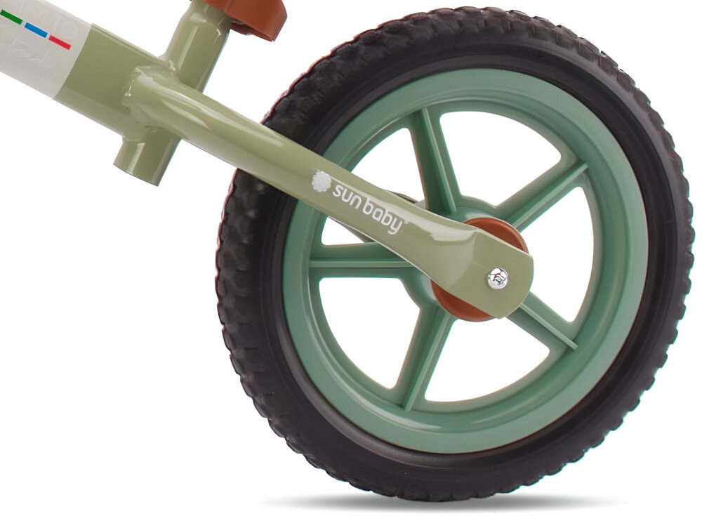 Rowerek biegowy SUN BABY Molto Strada Zielony szerokie rozstawienie kółek piankowe 12-calowe koła redukują drgania jazda komfortowa bezpieczna płynna cicha spełnia europejskie normy bezpieczeństwa