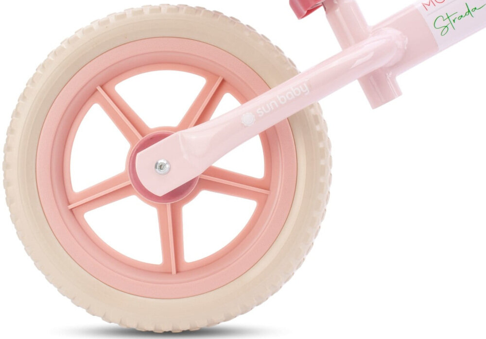 Rowerek biegowy SUN BABY Molto Strada Różowy szerokie rozstawienie kółek piankowe 12-calowe koła redukują drgania jazda komfortowa bezpieczna płynna cicha spełnia europejskie normy bezpieczeństwa