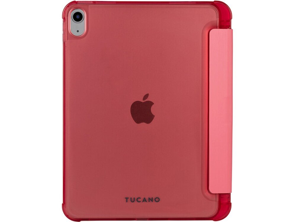 Różowe etui na tablet z widocznym logo Apple pośrodku. Na dole znajduje się napis \'TUCANO\'.