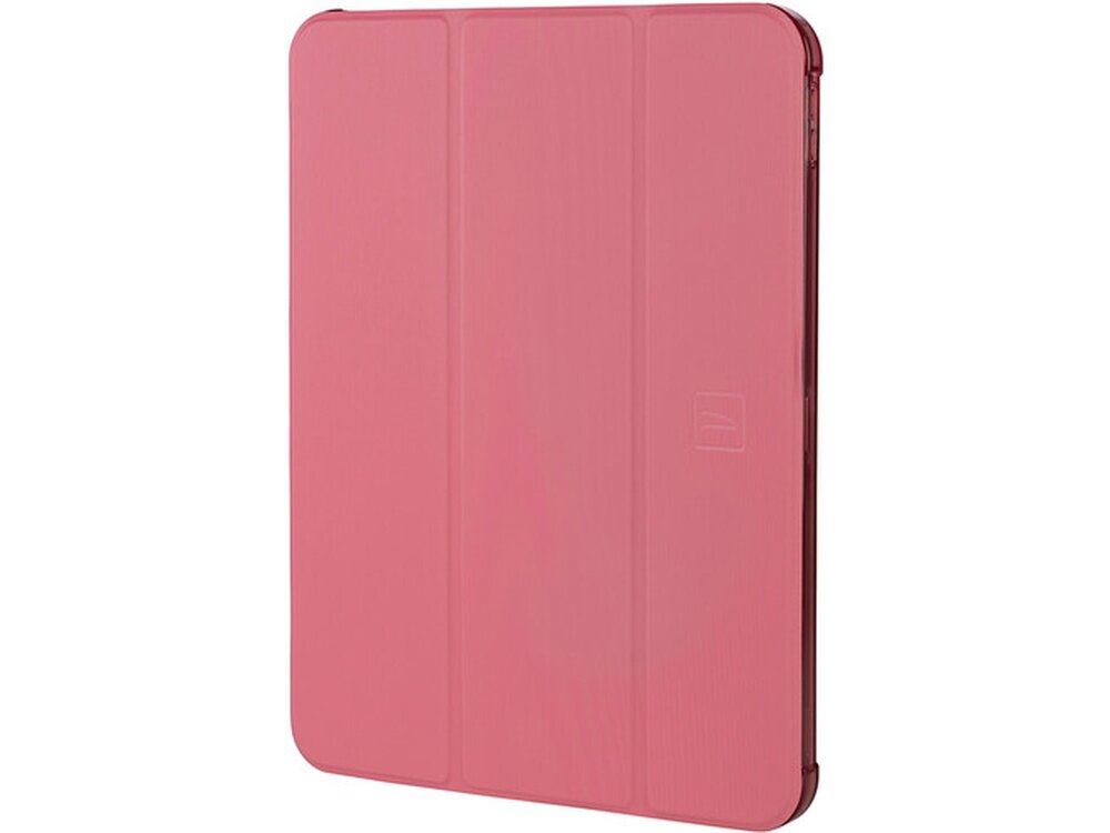 Różowe etui na tablet z trzema pionowymi panelami i subtelnym logo na środku. Etui ma gładką powierzchnię i zaokrąglone rogi.