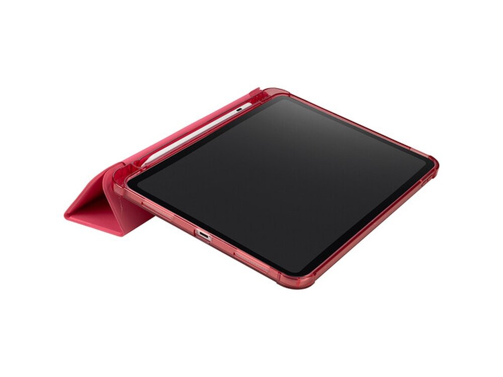 Różowe etui na tablet z funkcją stojaka, w którym umieszczony jest tablet. Etui ma błyszczące wykończenie i umożliwia ustawienie tabletu pod kątem.