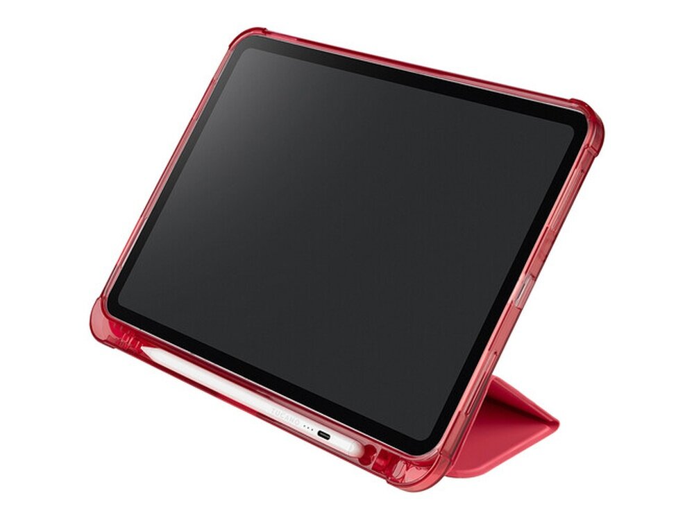 Różowe etui na tablet ustawione w pozycji stojącej, z widocznym miejscem na rysik. Ekran tabletu jest czarny i nieaktywny.