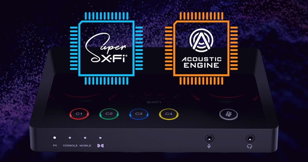 Karta dźwiękowa CREATIVE Sound Blaster GC7 Technologia dźwięku, Sound Blaster GC7, Energooszczędny przetwornik, Przedwzmacniacz słuchawkowy, HP Amp AKM AK4377AECB, Procesory DSP, Sound Core3D, Sound Blaster Acoustic Engine, Scout Mode, Super X-FI, SXFI Battle Mode.