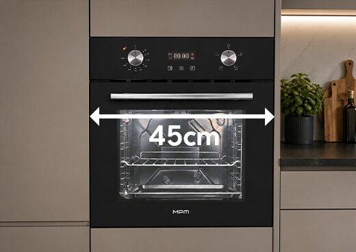 Piekarnik MPM-45-BO-23C w zabudowie kuchennej. Dwustronna strzałka i napis 45 cm.