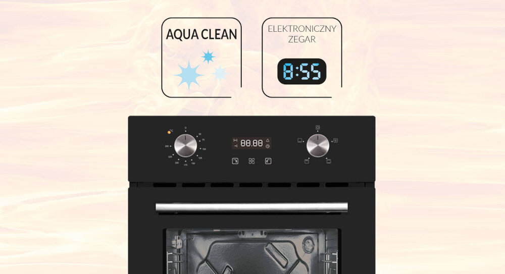 PIEKARNIK MPM-45-BO-23C Multifunkcyjne urządzenie górna dolna grzałka funkcje sterowanie pokrętła Aqua Clean czyszczenie automatyczne kontrola oświetlenie wnętrza