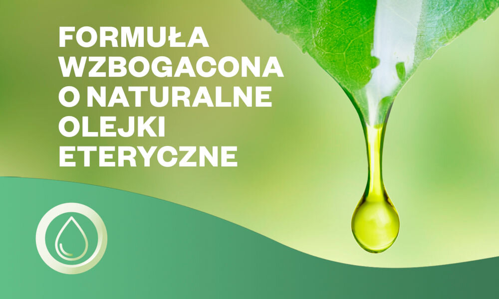 Obraz przedstawia kroplę olejku spadającą z zielonego liścia na tle z napisem: \'FORMUŁA WZBOGACONA O NATURALNE OLEJKI ETERYCZNE\'. W dolnym rogu znajduje się symbol kropli w okręgu.