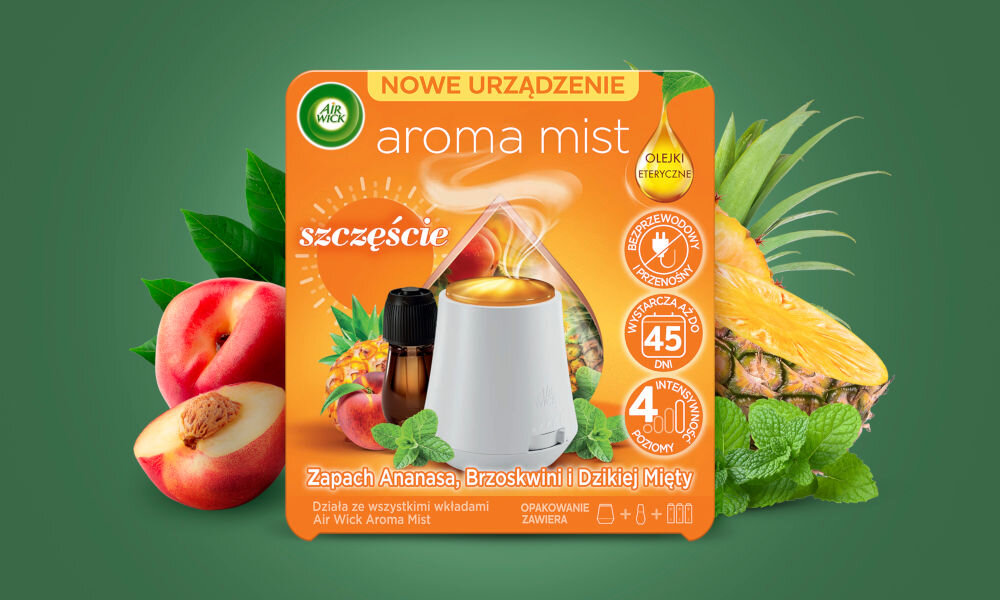 Odświeżacz powietrza AIR WICK Szczęście Aromatyczna Mgiełka Ananas, brzoskwinia i dzika mięta 20 ml wygląd owoce