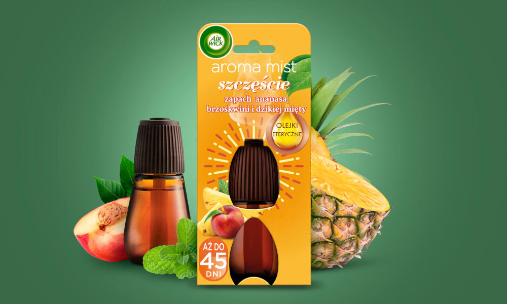 Odświeżacz powietrza AIR WICK Szczęście Aromatyczna Mgiełka Ananas, brzoskwinia i dzika mięta 20 ml wygląd owoce