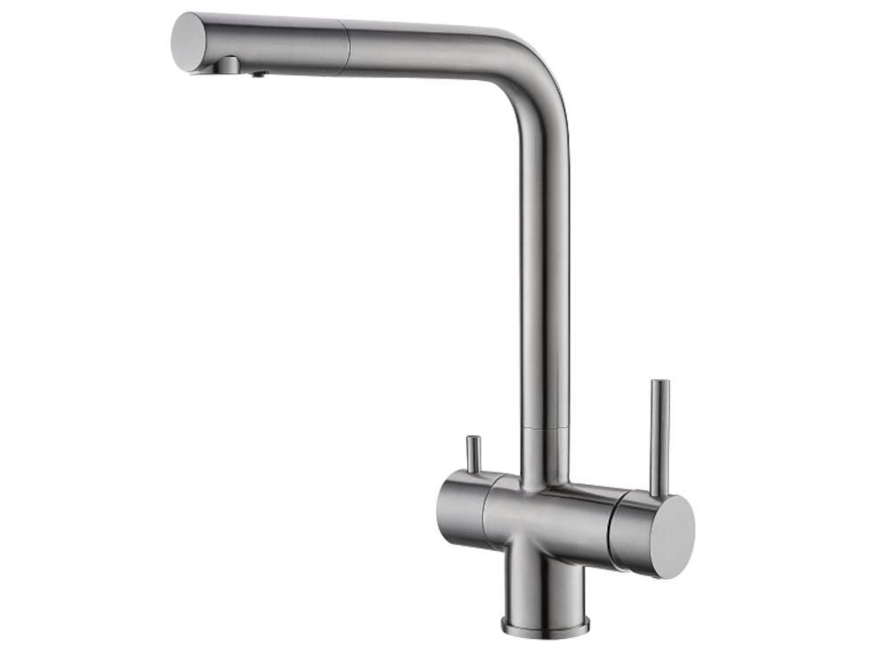 ALVEUS Aquila 1139805 bateria zlewozmywak wysokociśnieniowa dwudźwigniowa wygoda ceramiczna głowica stojąca mosiądz korpus trwałość stabilność kolor satynowy charakter elegancja