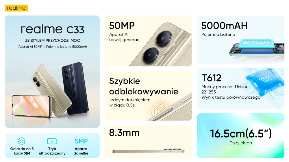SMARTFON REALME C 33 APARAT BATERIA PROCESOR ODBLOKOWYWANIE ULTRAOSZCZĘDNY TRYB 3 GNIAZDA SIM SMUKŁY DUŻY EKRAN MOC