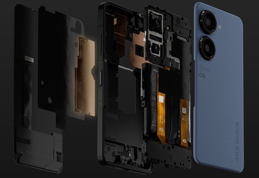 Smartfon ASUS Zenfone 9  ekran bateria aparat procesor ram pamięć pojemność rozdzielczość zdjęcia filmy opis dane cechy blokady system łączność wifi bluetooth obudowa szkło odporność porty muzyka transfer sieć przekątna matryca waga czujniki