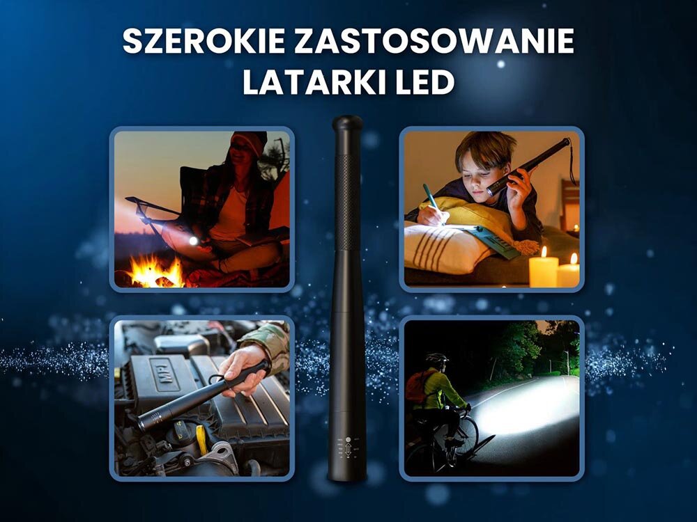 Latarka EXTRALINK Combat EFL-1101, taktyczna, latarka, obrona, światło, na niebieskim tle latarka pionowo z zastosowaniem w różnego rodzaju środowiskach pracy