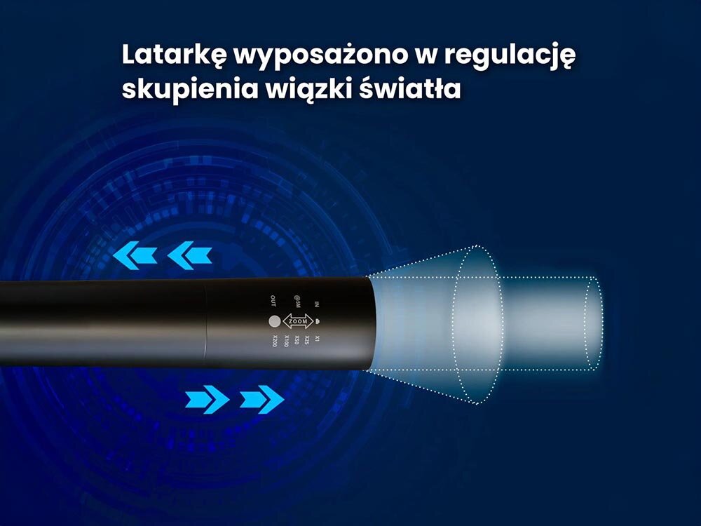 Latarka EXTRALINK Combat EFL-1101, kij, aluminium, uchwyt, zoom, na niebieskim tle wizualizacja zastosowania latarki jako narzędzia do samoobrony