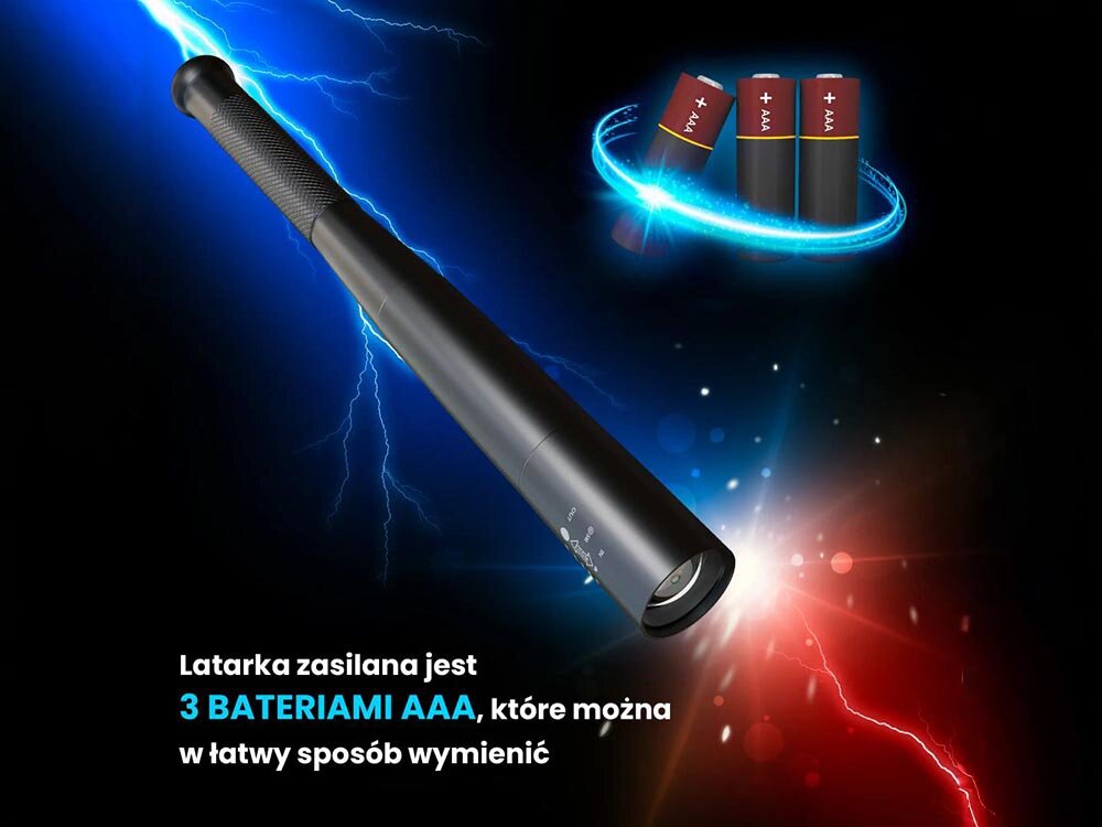 Latarka EXTRALINK Combat EFL-1101, baterie, 4h, AA, wodoodporna, na czarno niebiesko czerwonym tle wizualizacja zasilania bateryjnego latarki