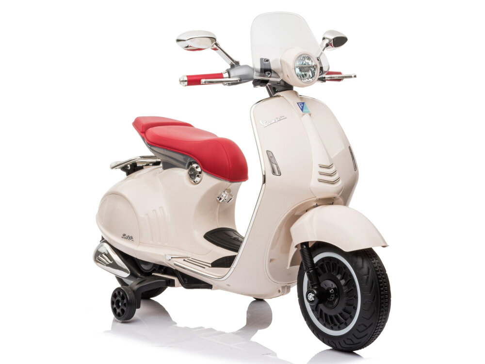 Motorek elektryczny SUN BABY Scooter Vespa Biały dwa wbudowane akumulatory kwasowo-olowiowe napiecie 2 x 6 V pojemnosc 4,5 Ah predkosc od 2 do 3 km/h czas dzialania okolo 40 minut