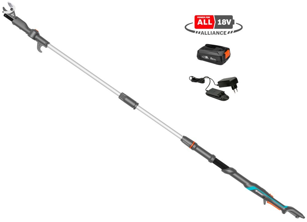 Nożyce do gałęzi GARDENA HighCut 250-18V P4A 14774-20 w zestawie akumulator ładowarka teleskopowy trzonek osłona ostrza instrukcja obsługi w języku polskim karta gwarancyjna